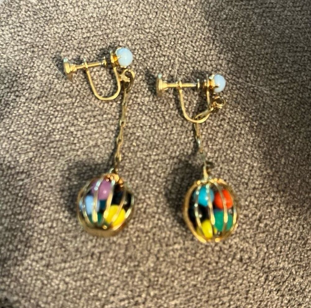 Vintage Mid Century Modern birdcage Earrings Dangle Little colorful balls 1960’s